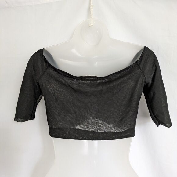 God Save Queens Layla XS Mesh Top Off Shoulder Cropped Ruched Sheer Black - Picture 7 of 10